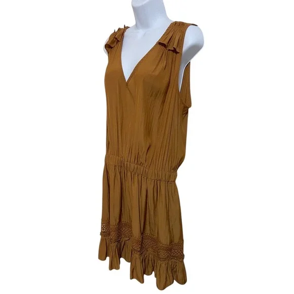Ramy Brook New York Cara Mini Silky Satin Ruffle Lace Light Cognac‎ Brown Large - Picture 3 of 11